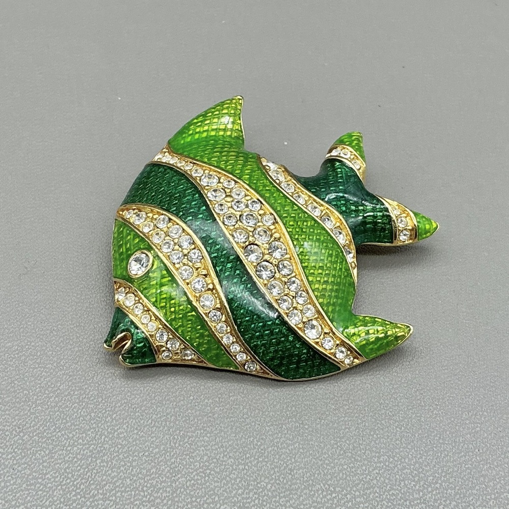 Swarovski Brooch Fish Green Enamel Gold Tone Crystal Rhinestone Sea Life Pin